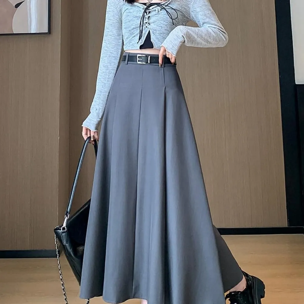 Office Lady All-Match Waist A-Line Skirts, High Waisted A Line Flowy Pleated Fall Winter Skirt with Belt