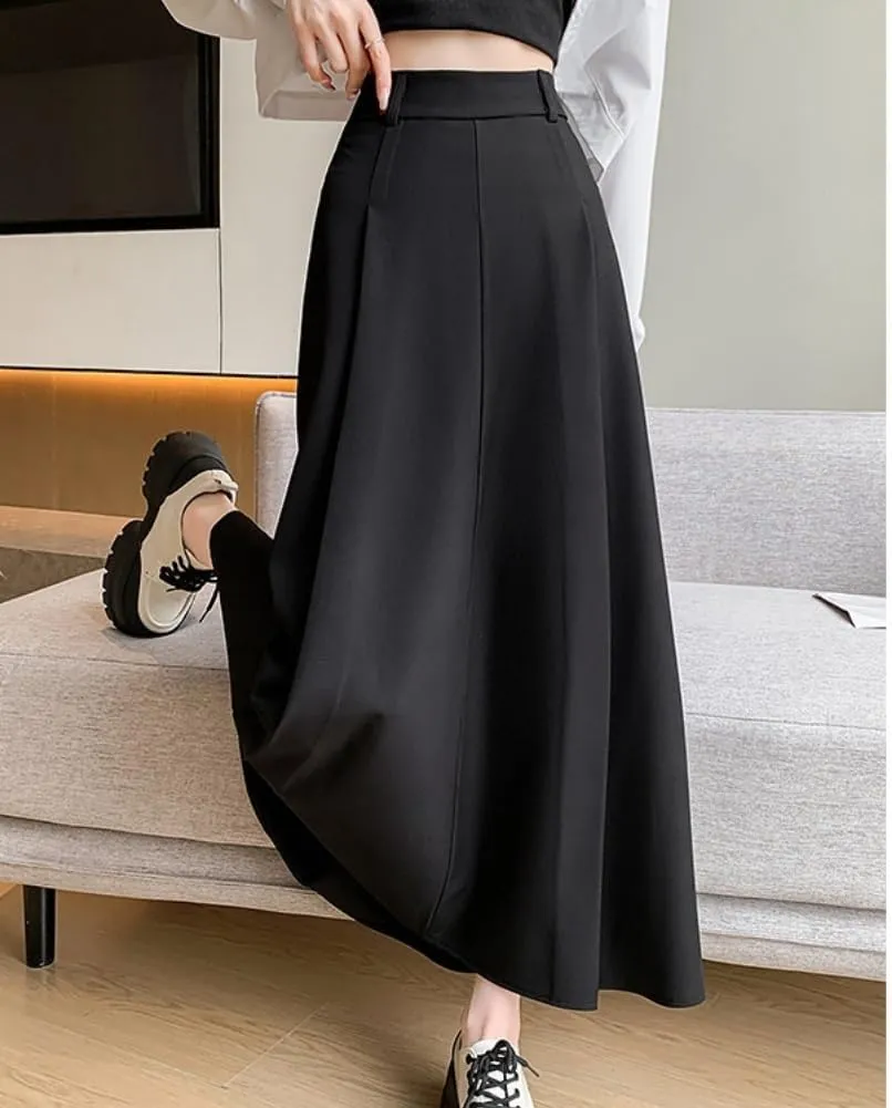 Office Lady All-Match Waist A-Line Skirts, High Waisted A Line Flowy Pleated Fall Winter Skirt with Belt