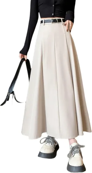 Office Lady All-Match Waist A-Line Skirts, High Waisted A Line Flowy Pleated Fall Winter Skirt with Belt