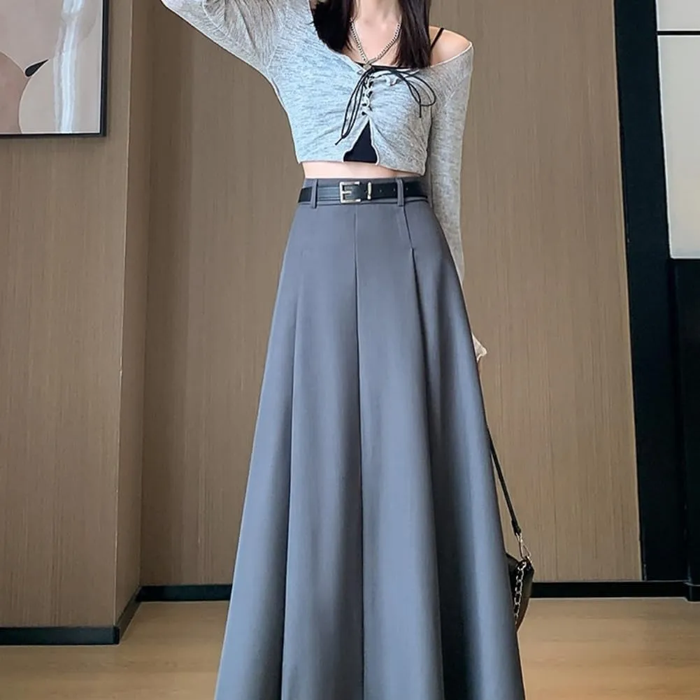 Office Lady All-Match Waist A-Line Skirts, High Waisted A Line Flowy Pleated Fall Winter Skirt with Belt
