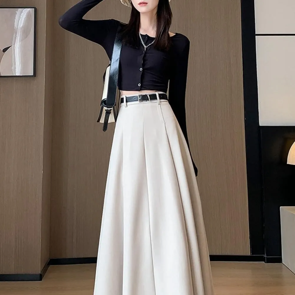 Office Lady All-Match Waist A-Line Skirts, High Waisted A Line Flowy Pleated Fall Winter Skirt with Belt