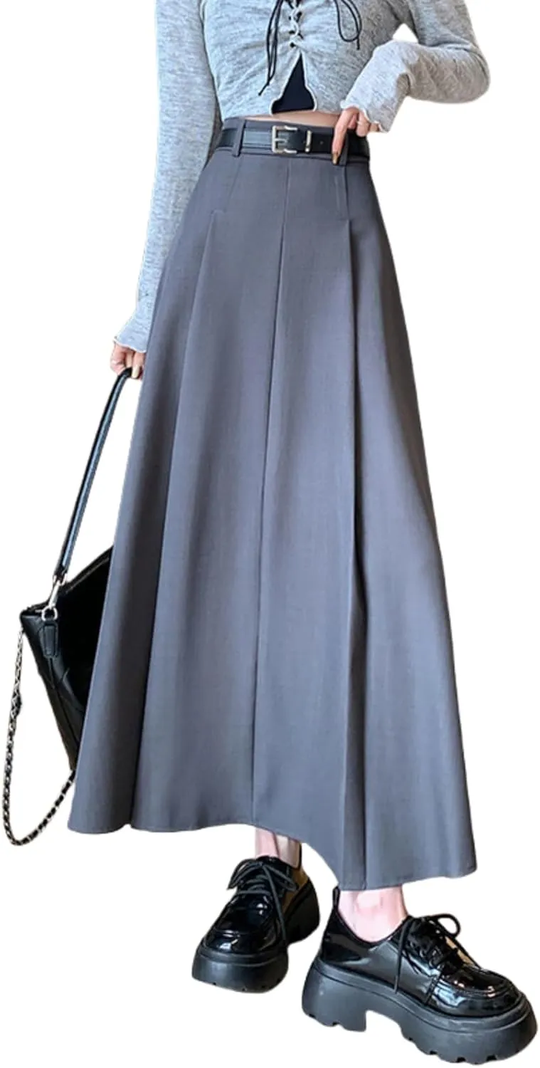 Office Lady All-Match Waist A-Line Skirts, High Waisted A Line Flowy Pleated Fall Winter Skirt with Belt