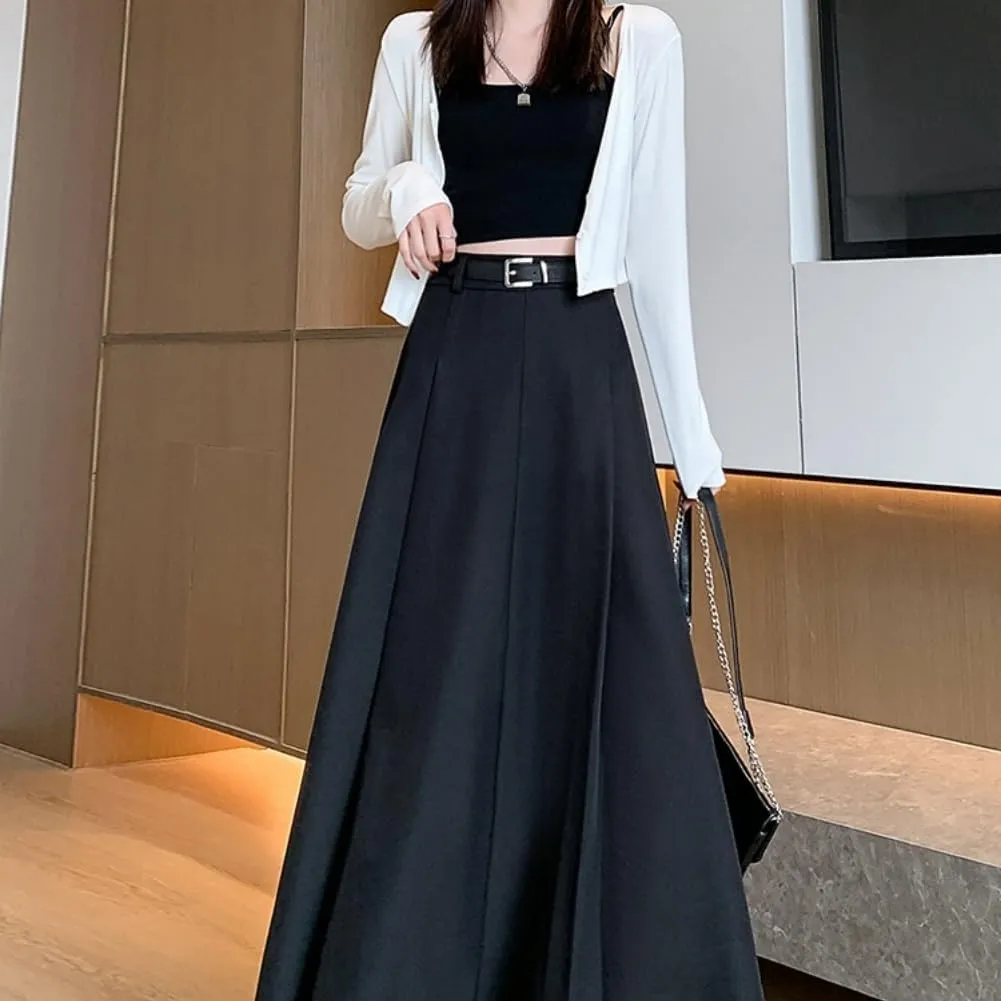 Office Lady All-Match Waist A-Line Skirts, High Waisted A Line Flowy Pleated Fall Winter Skirt with Belt