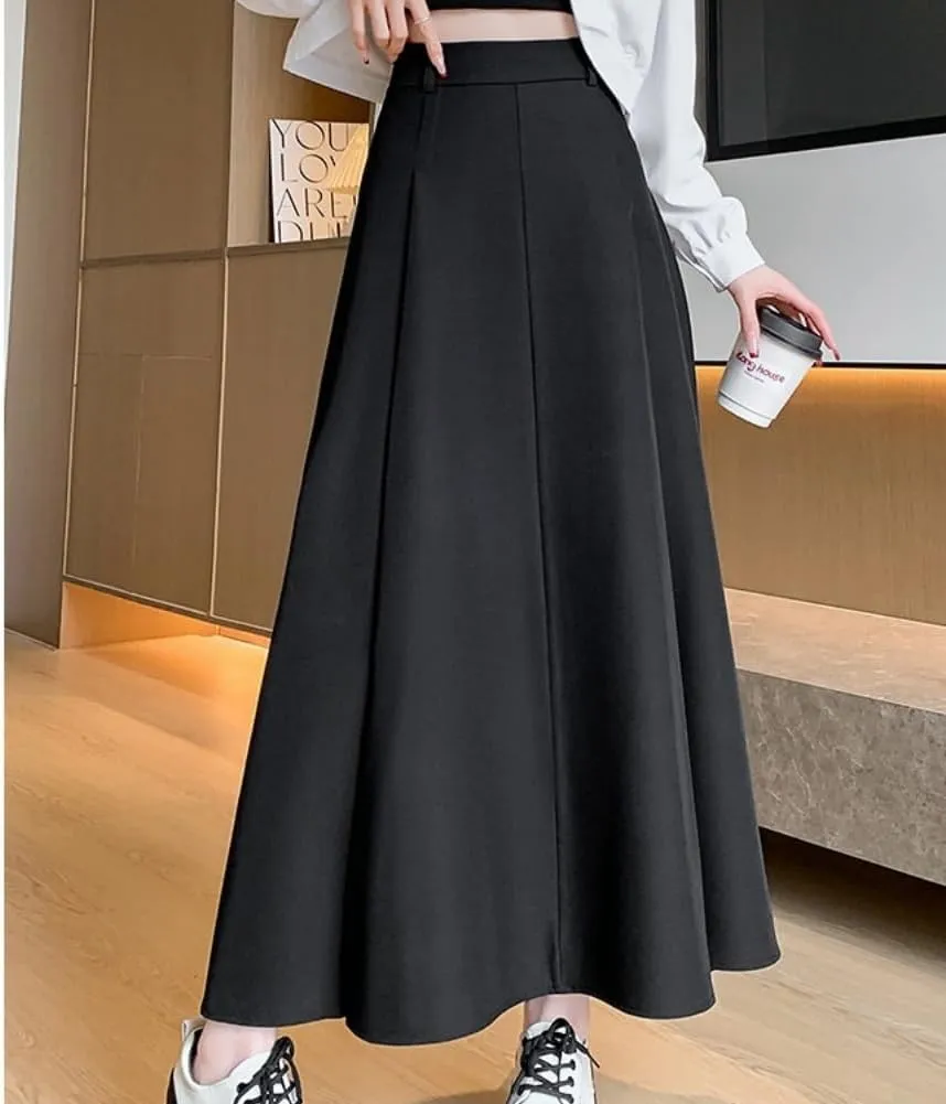 Office Lady All-Match Waist A-Line Skirts, High Waisted A Line Flowy Pleated Fall Winter Skirt with Belt
