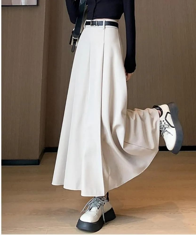 Office Lady All-Match Waist A-Line Skirts, High Waisted A Line Flowy Pleated Fall Winter Skirt with Belt
