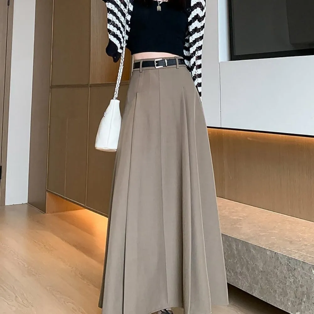 Office Lady All-Match Waist A-Line Skirts, High Waisted A Line Flowy Pleated Fall Winter Skirt with Belt