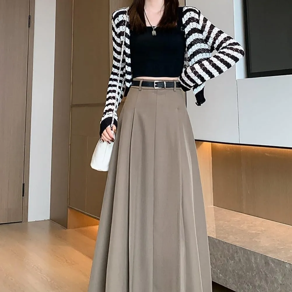 Office Lady All-Match Waist A-Line Skirts, High Waisted A Line Flowy Pleated Fall Winter Skirt with Belt