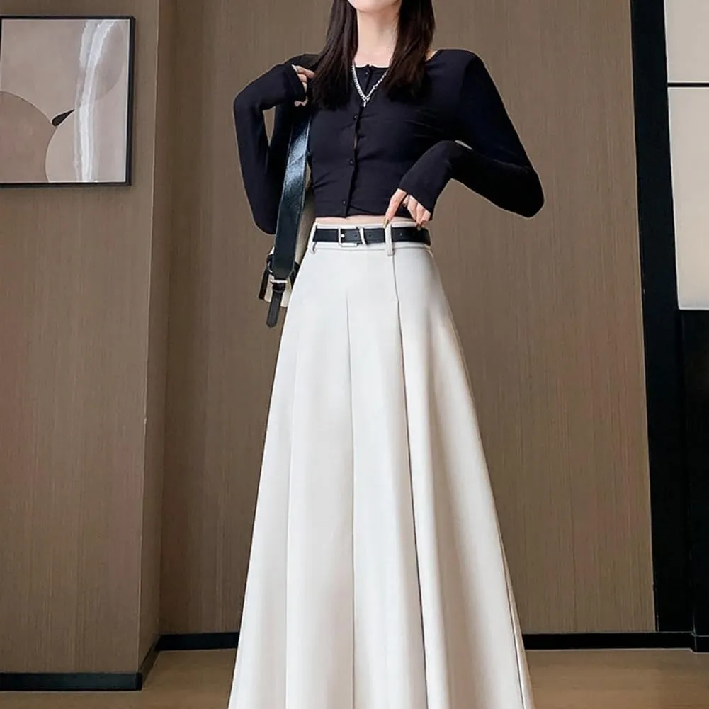 Office Lady All-Match Waist A-Line Skirts, High Waisted A Line Flowy Pleated Fall Winter Skirt with Belt