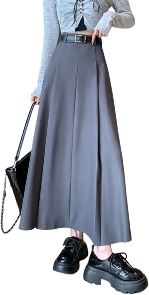 Office Lady All-Match Waist A-Line Skirts, High Waisted A Line Flowy Pleated Fall Winter Skirt with Belt