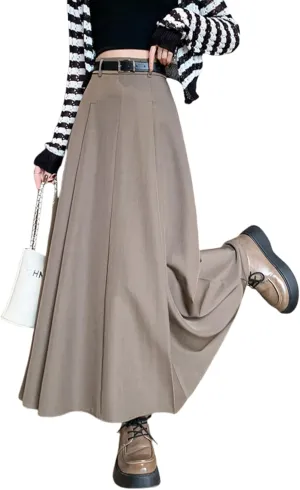 Office Lady All-Match Waist A-Line Skirts, High Waisted A Line Flowy Pleated Fall Winter Skirt with Belt