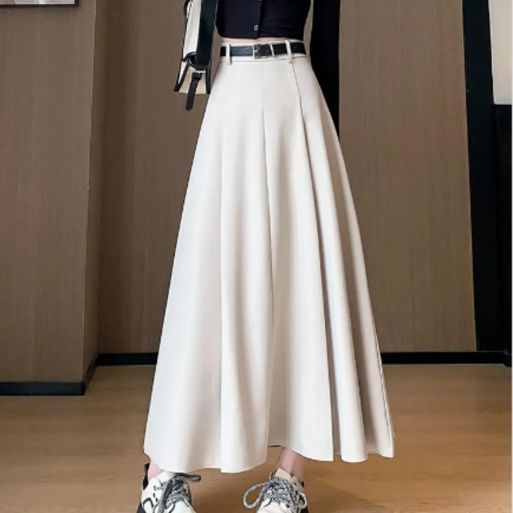 Office Lady All-Match Waist A-Line Skirts, High Waisted A Line Flowy Pleated Fall Winter Skirt with Belt