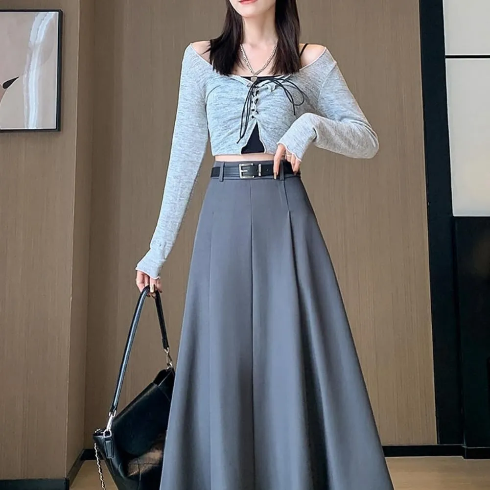 Office Lady All-Match Waist A-Line Skirts, High Waisted A Line Flowy Pleated Fall Winter Skirt with Belt