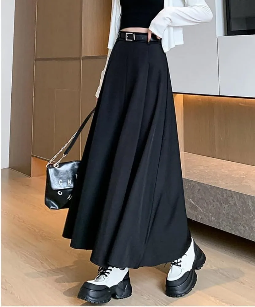 Office Lady All-Match Waist A-Line Skirts, High Waisted A Line Flowy Pleated Fall Winter Skirt with Belt