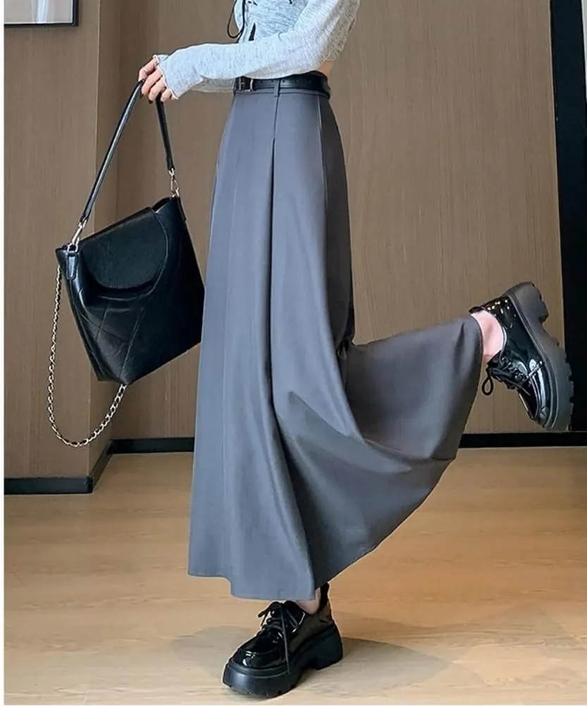 Office Lady All-Match Waist A-Line Skirts, High Waisted A Line Flowy Pleated Fall Winter Skirt with Belt
