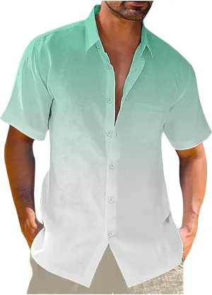 Ombre Beach Shirt for Men Linen Short Sleeve Lapel Dress Casual Vacation T-Shirt Tops Beach Button up Hawaiian Shirt