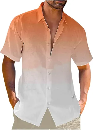 Ombre Beach Shirt for Men Linen Short Sleeve Lapel Dress Casual Vacation T-Shirt Tops Beach Button up Hawaiian Shirt