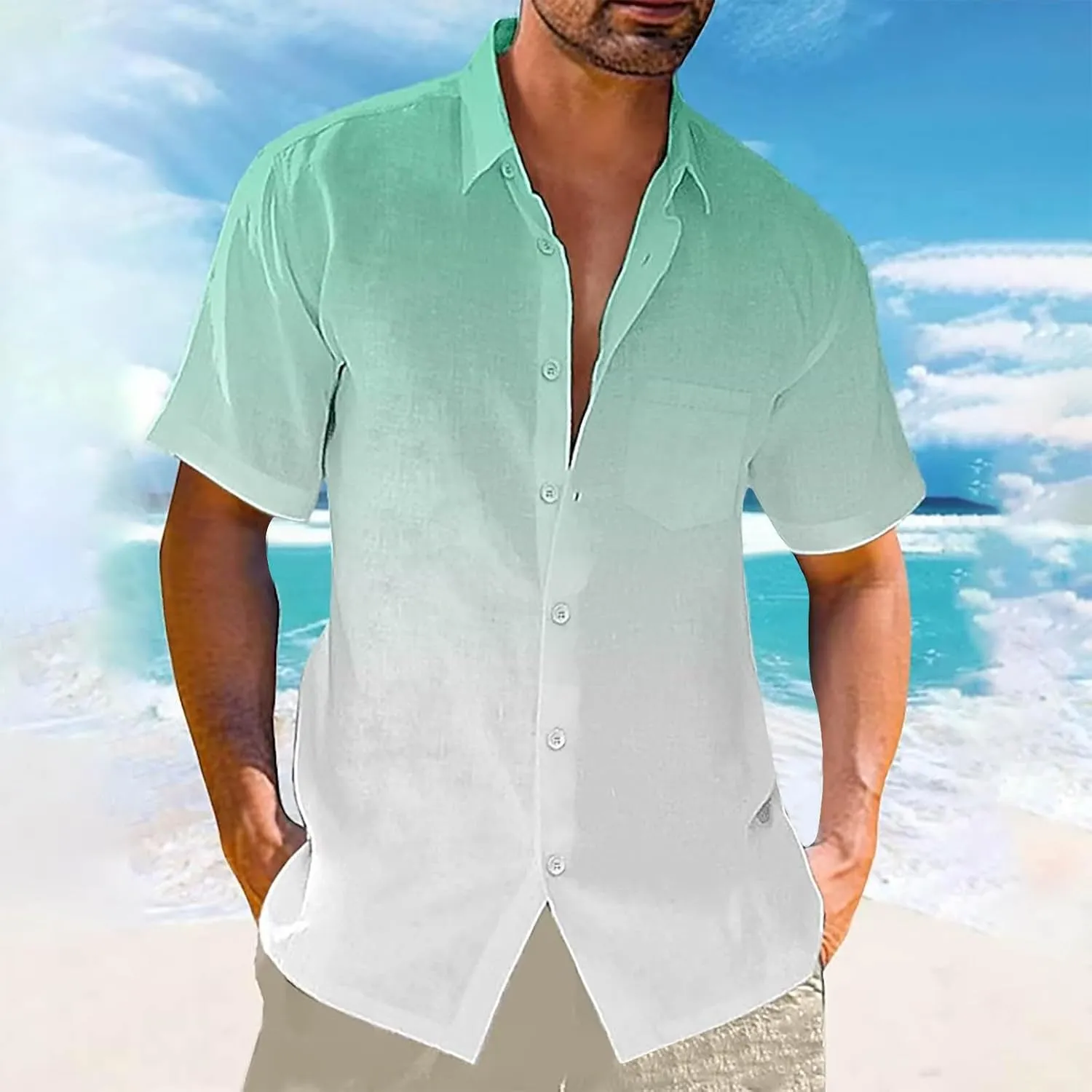 Ombre Beach Shirt for Men Linen Short Sleeve Lapel Dress Casual Vacation T-Shirt Tops Beach Button up Hawaiian Shirt