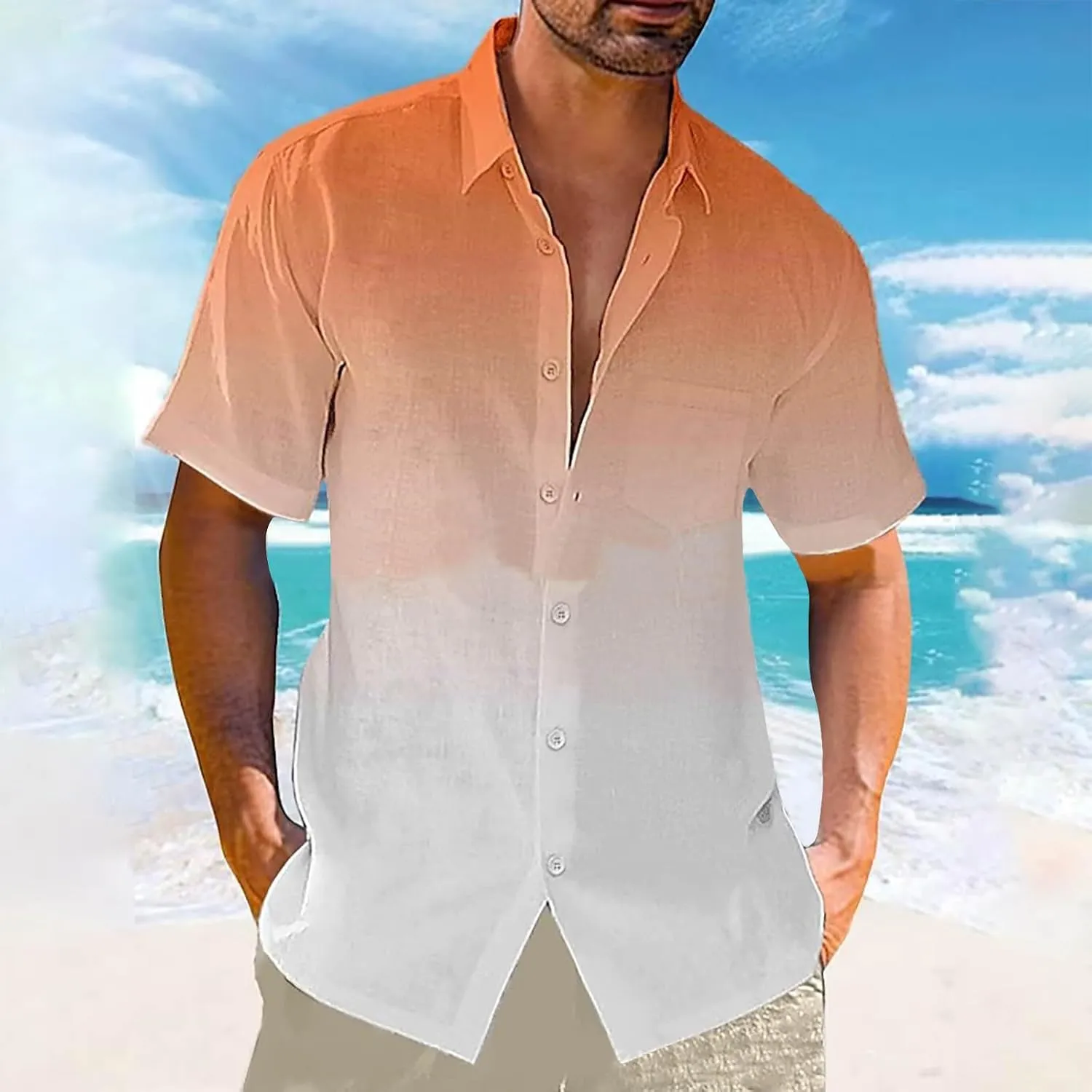 Ombre Beach Shirt for Men Linen Short Sleeve Lapel Dress Casual Vacation T-Shirt Tops Beach Button up Hawaiian Shirt