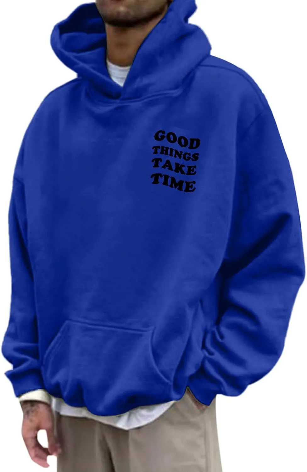 Oversized Hoodie for Men Good Things Take Time & Rose Shape Print Pullover Tops Drop Shoulder Comfy Oversize Fashion Graphic