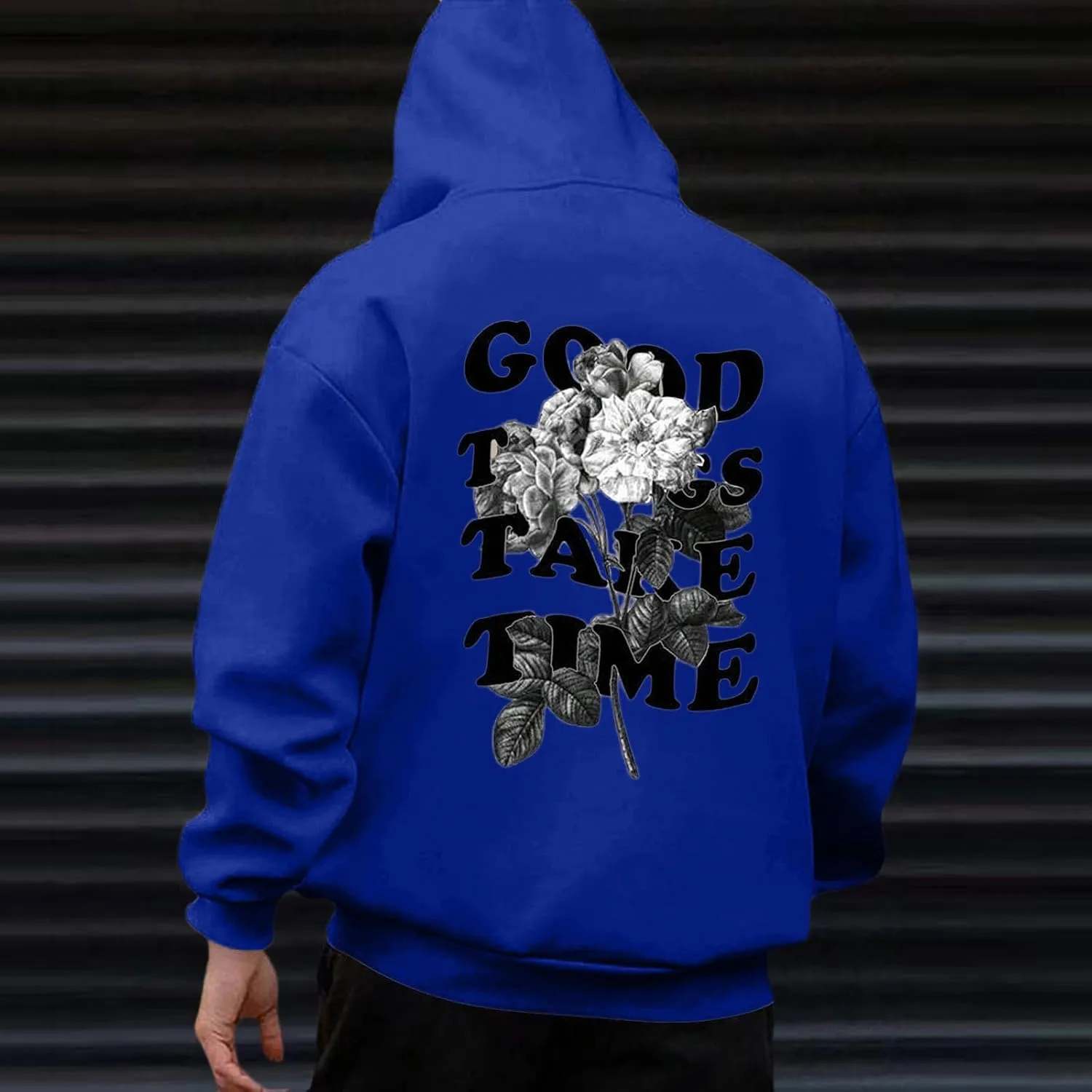 Oversized Hoodie for Men Good Things Take Time & Rose Shape Print Pullover Tops Drop Shoulder Comfy Oversize Fashion Graphic