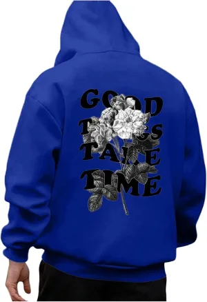 Oversized Hoodie for Men Good Things Take Time & Rose Shape Print Pullover Tops Drop Shoulder Comfy Oversize Fashion Graphic