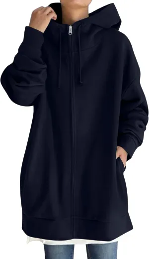 Oversized Zip Up Hoodies for Women Plus Size Long Fleece Jacket Casual Long Sleeve Cute Sweatshirts with Pockets