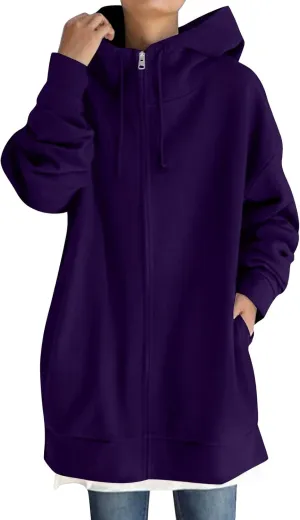 Oversized Zip Up Hoodies for Women Plus Size Long Sleeve Hooded Sweatshirt Casual Fall Long Fleece Jacket with Pockets