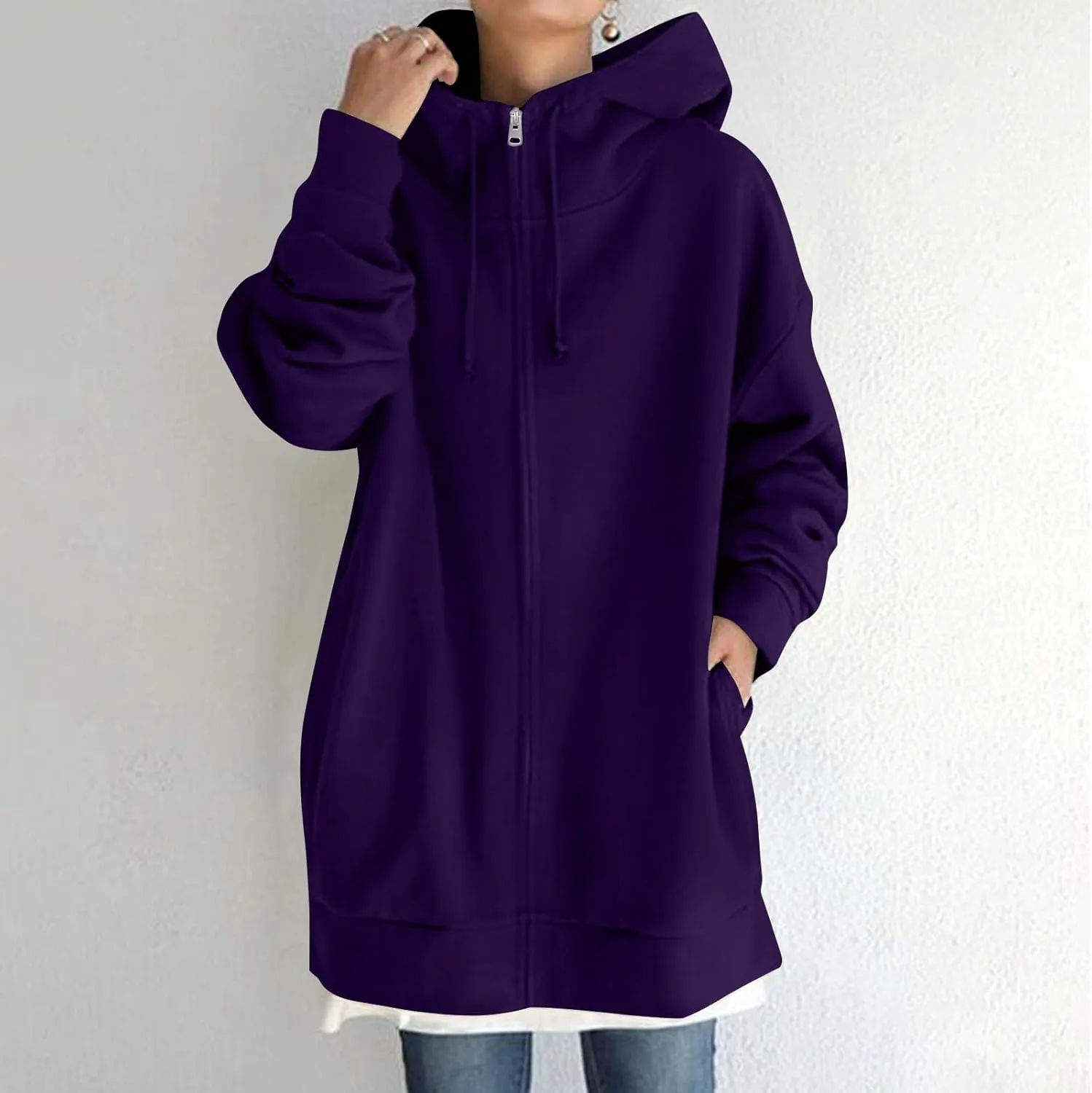 Oversized Zip Up Hoodies for Women Plus Size Long Sleeve Hooded Sweatshirt Casual Fall Long Fleece Jacket with Pockets