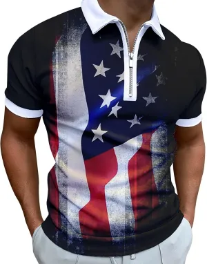 Patriotic Funny Golf Shirts for Men Polo Shirts for Men 2024 Sleeve 1/4 Zipper Blouse Independence Day Casual