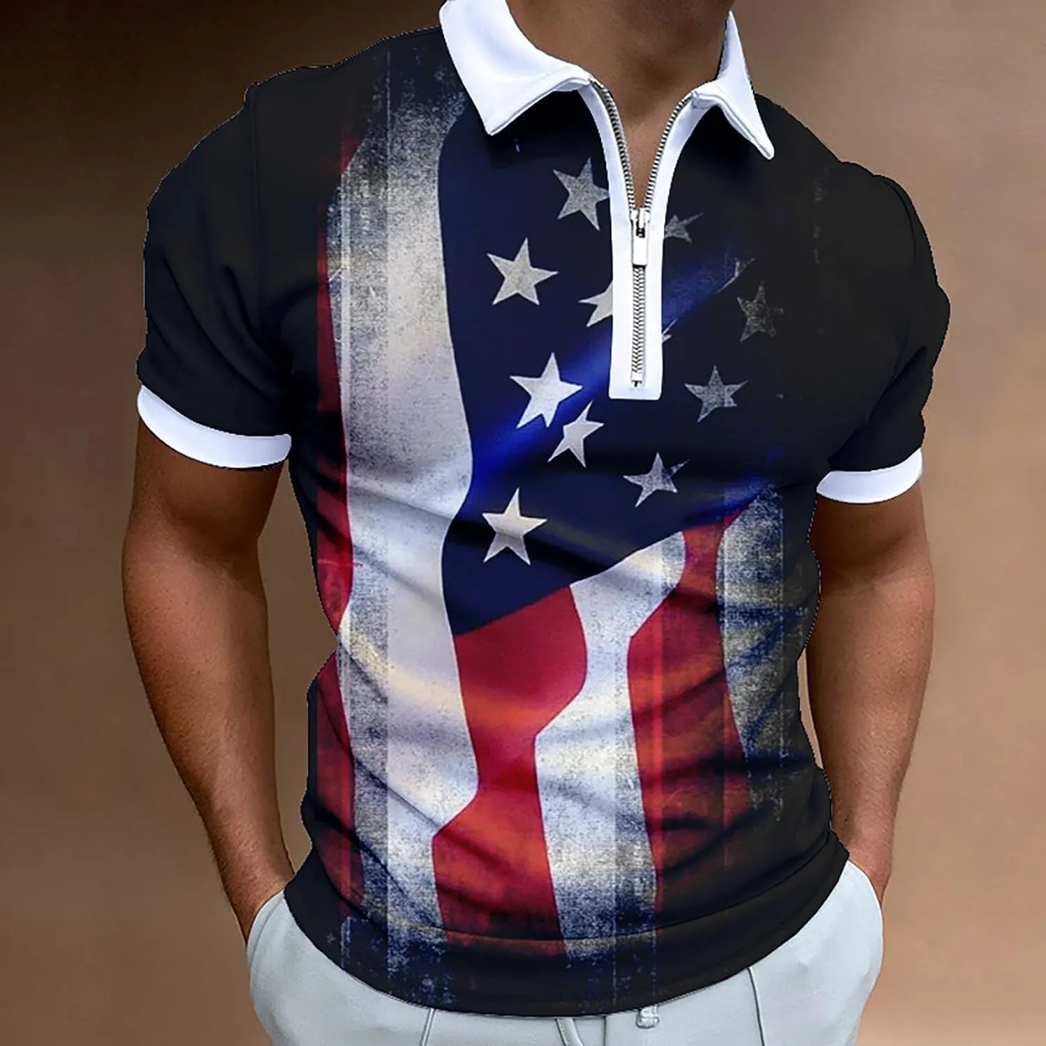 Patriotic Funny Golf Shirts for Men Polo Shirts for Men 2024 Sleeve 1/4 Zipper Blouse Independence Day Casual