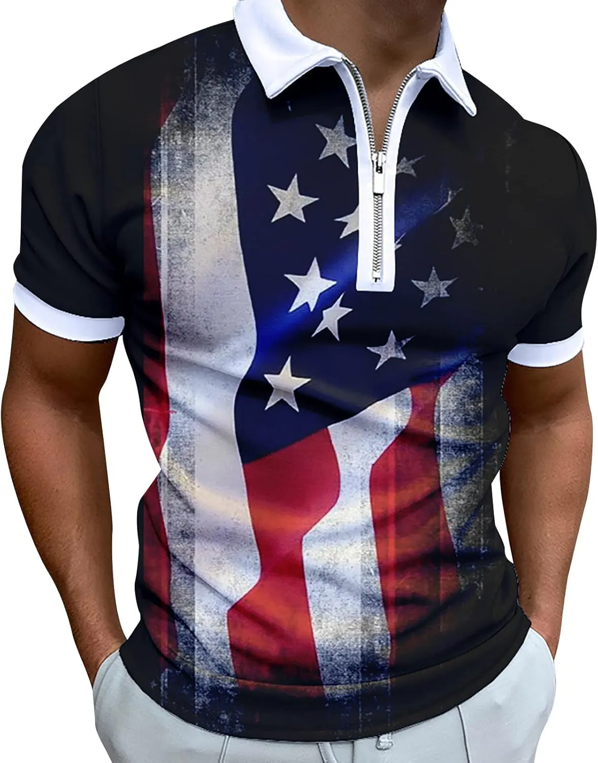 Patriotic Funny Golf Shirts for Men Polo Shirts for Men 2024 Sleeve 1/4 Zipper Blouse Independence Day Casual