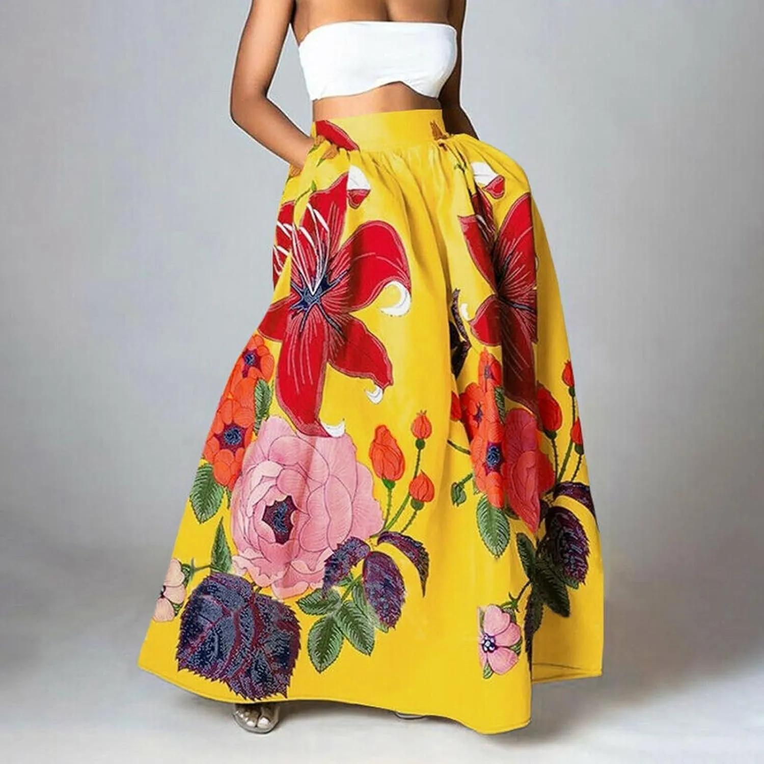 Pencil Skirt for Women Tummy Control High Waist Maxi Skirt Casual Loose Flowy Boho Party Long Women's Skirts with Pocket