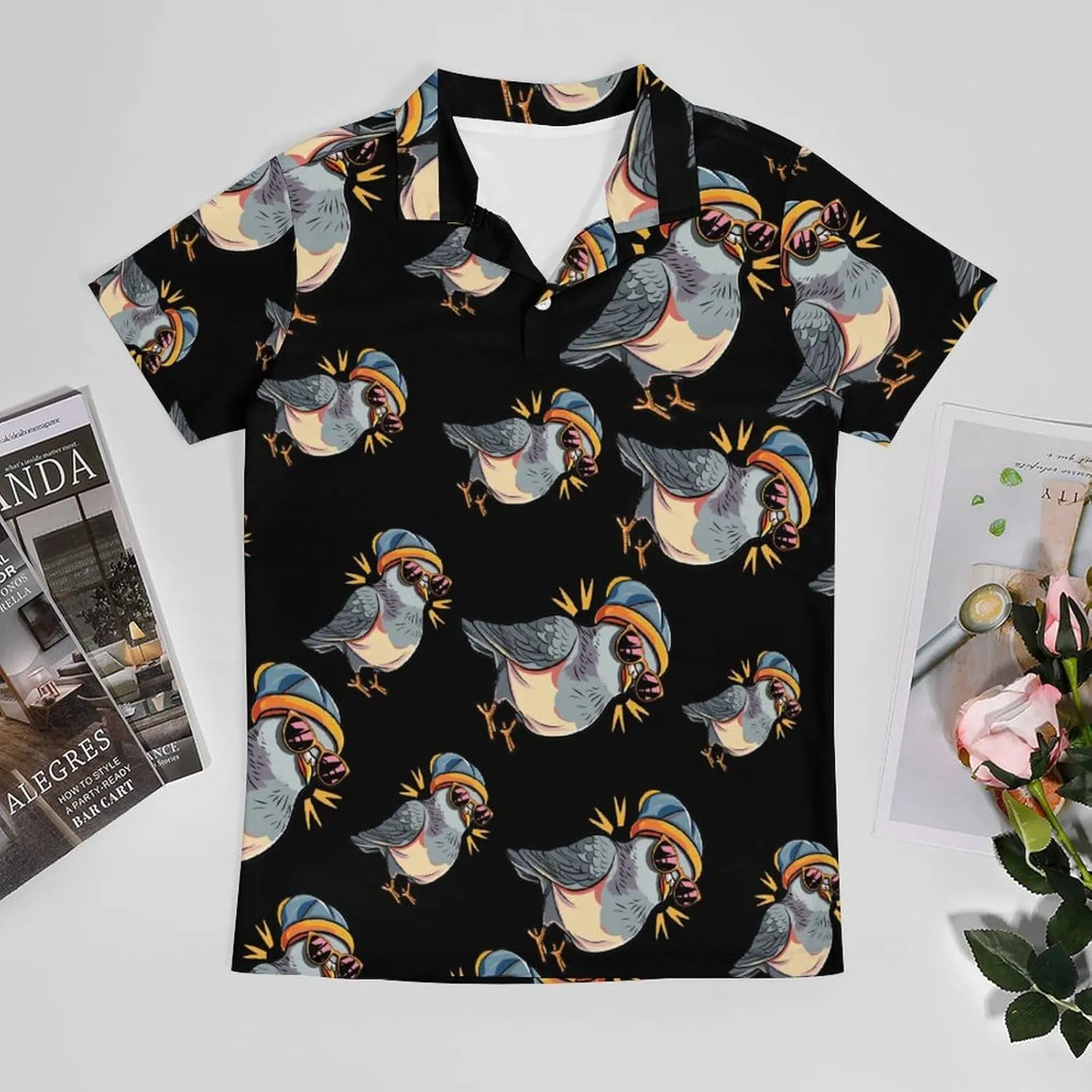 Pigeon with Eyeglasses Men's Polo Shirt Short Sleeve Print T Shirt Slim Fit Golf Shirt Collared Tee Casual Top