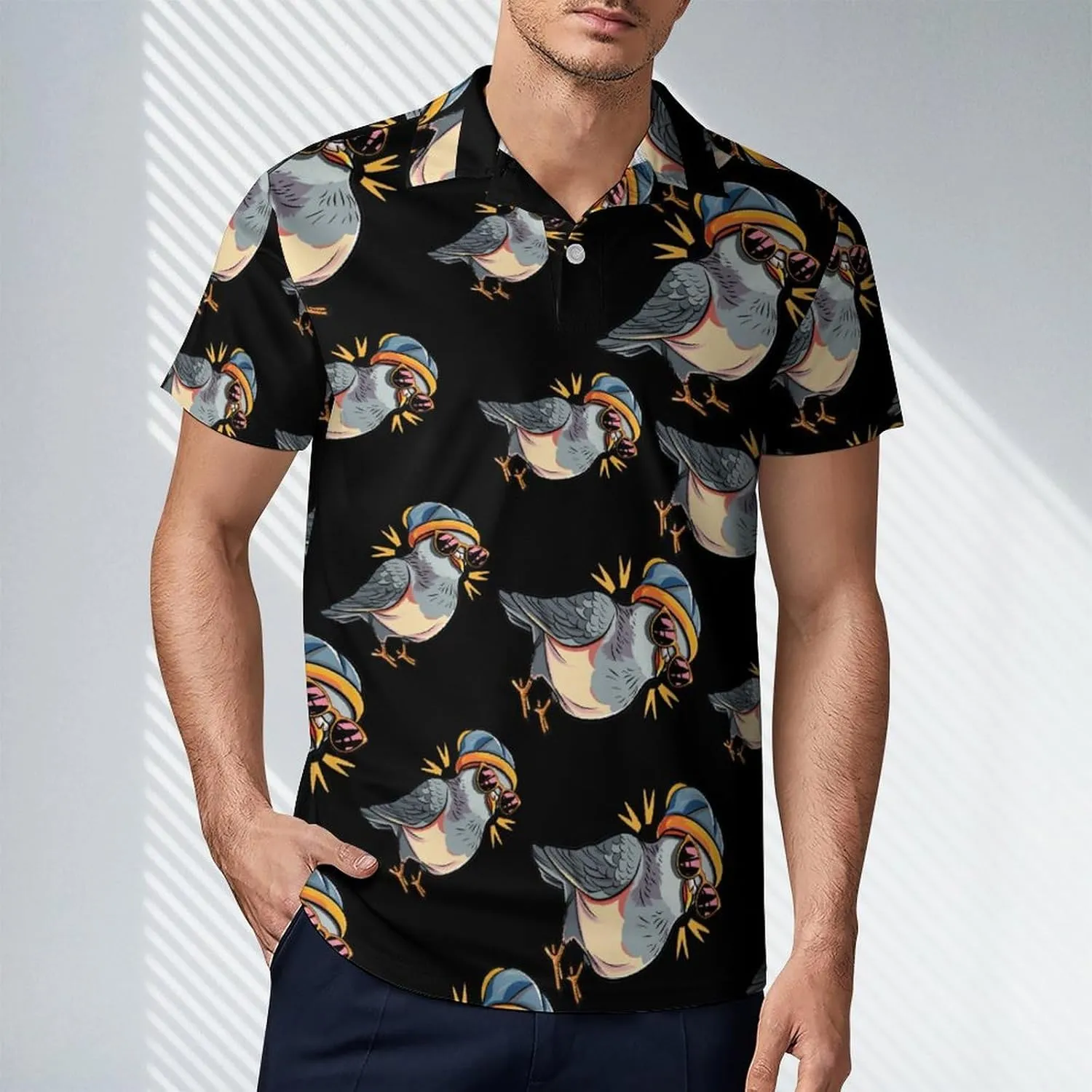 Pigeon with Eyeglasses Men's Polo Shirt Short Sleeve Print T Shirt Slim Fit Golf Shirt Collared Tee Casual Top