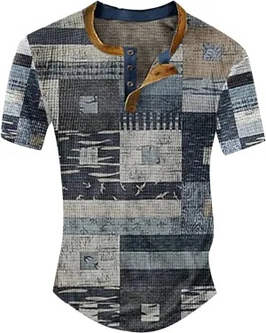 Polo Shirts for Men Casual Top Striped Plaid Retro Western Denim Print Button Men's T Shirt Top Golf Shirts for para