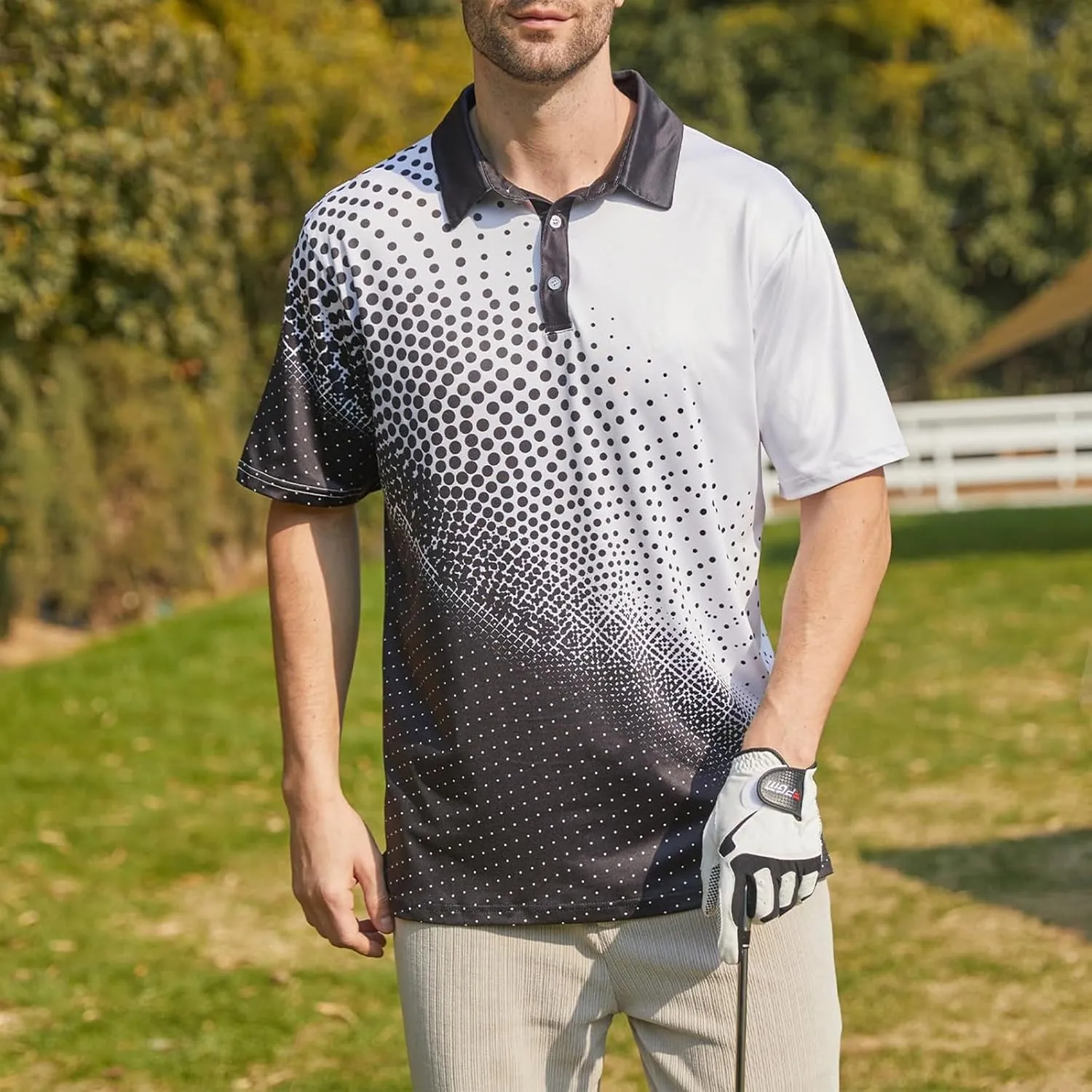 Polo Shirts for Men Fashion Polka Dot Print Short Sleeve Shirt Button Down Shirt Business Casual Golf Shirt for Men