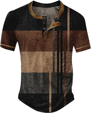 Polo Shirts Short Sleeved Casual Top Striped Plaid Retro Western Denim Print Button Men's T Shirt Top Slim Fit Tee