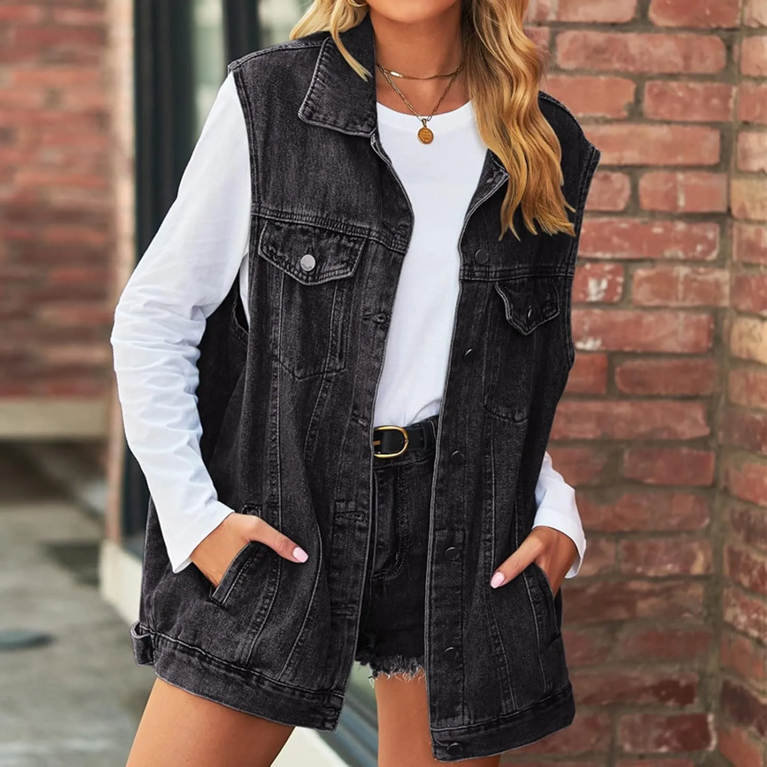Quilted Vest Women Woman Denim Vest Fashion Medium Long Coat Turn Down Coat Sleeveless Denim Jacket Winter Coats