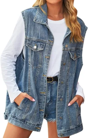 Quilted Vest Women Woman Denim Vest Fashion Medium Long Coat Turn Down Coat Sleeveless Denim Jacket Winter Coats