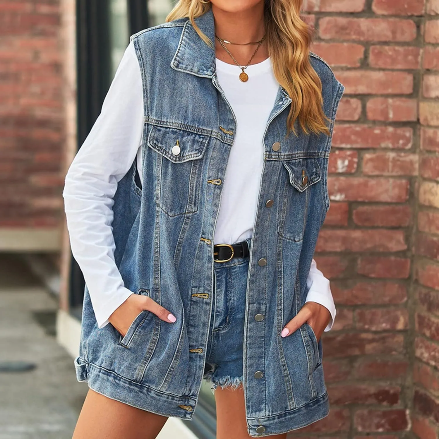 Quilted Vest Women Woman Denim Vest Fashion Medium Long Coat Turn Down Coat Sleeveless Denim Jacket Winter Coats