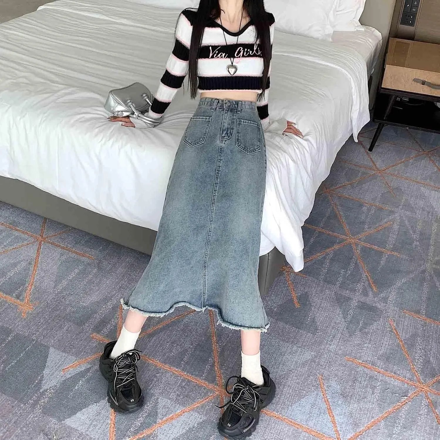 Retro Denim Skirt, Long Skirt, high Waisted, Casual A-line Skirt, Harajuku Denim Large Swing Skirt