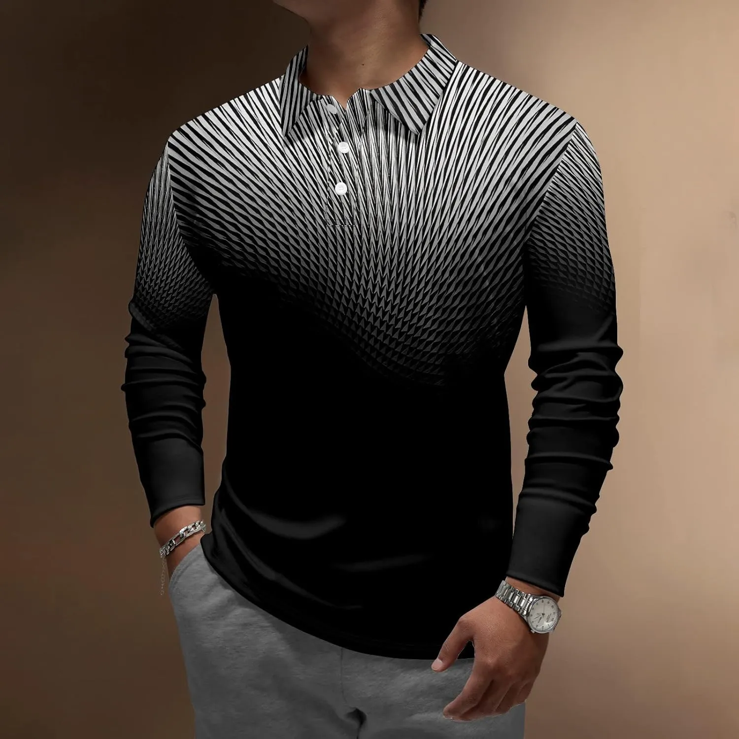 RTRDE Men's T Shirt Lapel Long Sleeve Printed Casual Top Loose Sports Shirt Shirts, M-4XL