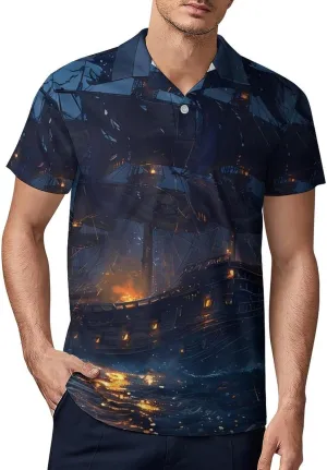 Sailboat Sailing on Sea Men's Polo Shirt Short Sleeve Print T Shirt Slim Fit Golf Shirt Collared Tee Casual Top