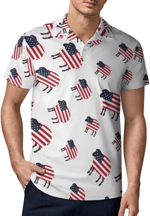 Sheep in American Flag USA Men's Polo Shirt Short Sleeve Print T Shirt Slim Fit Golf Shirt Collared Tee Casual Top