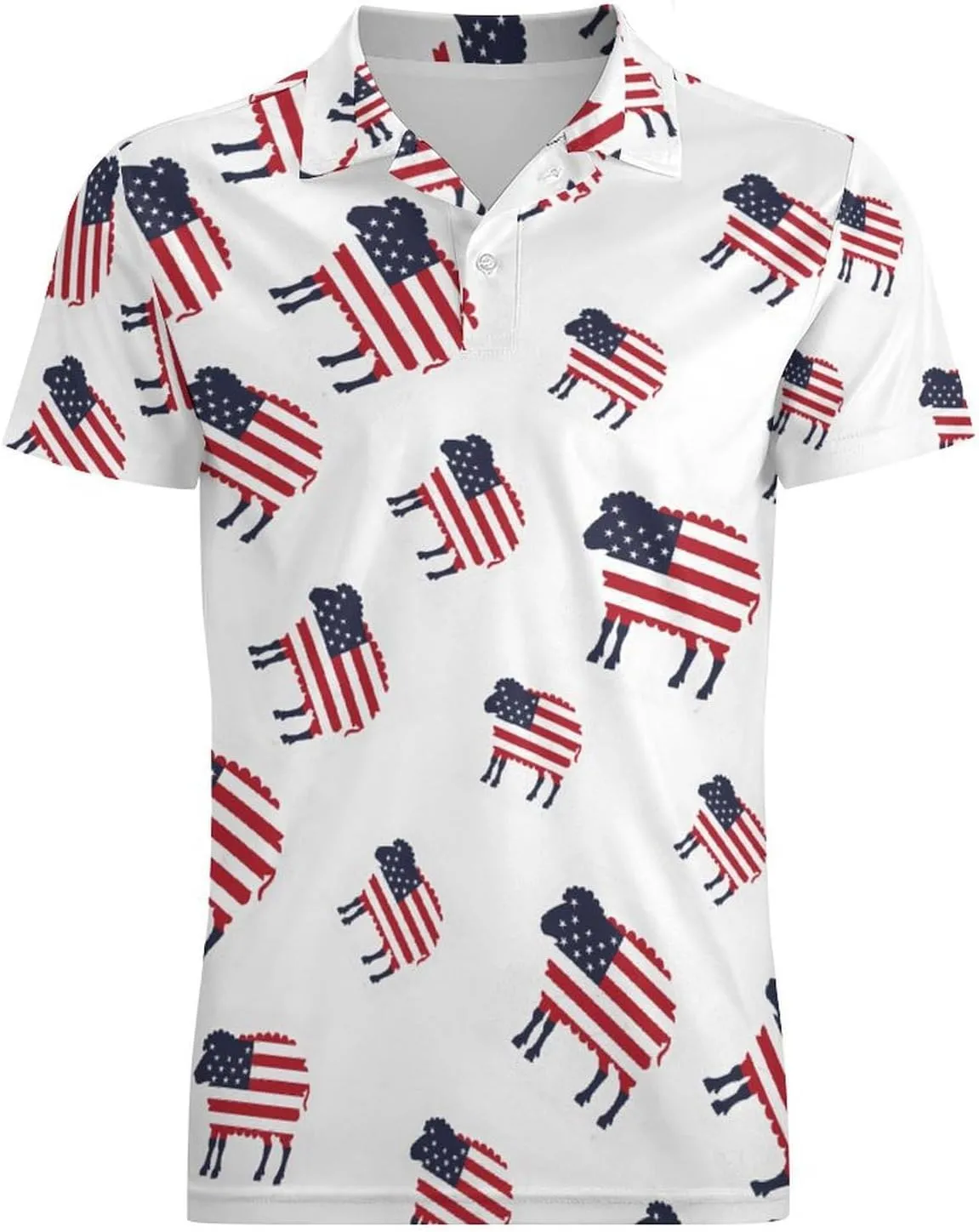 Sheep in American Flag USA Men's Polo Shirt Short Sleeve Print T Shirt Slim Fit Golf Shirt Collared Tee Casual Top