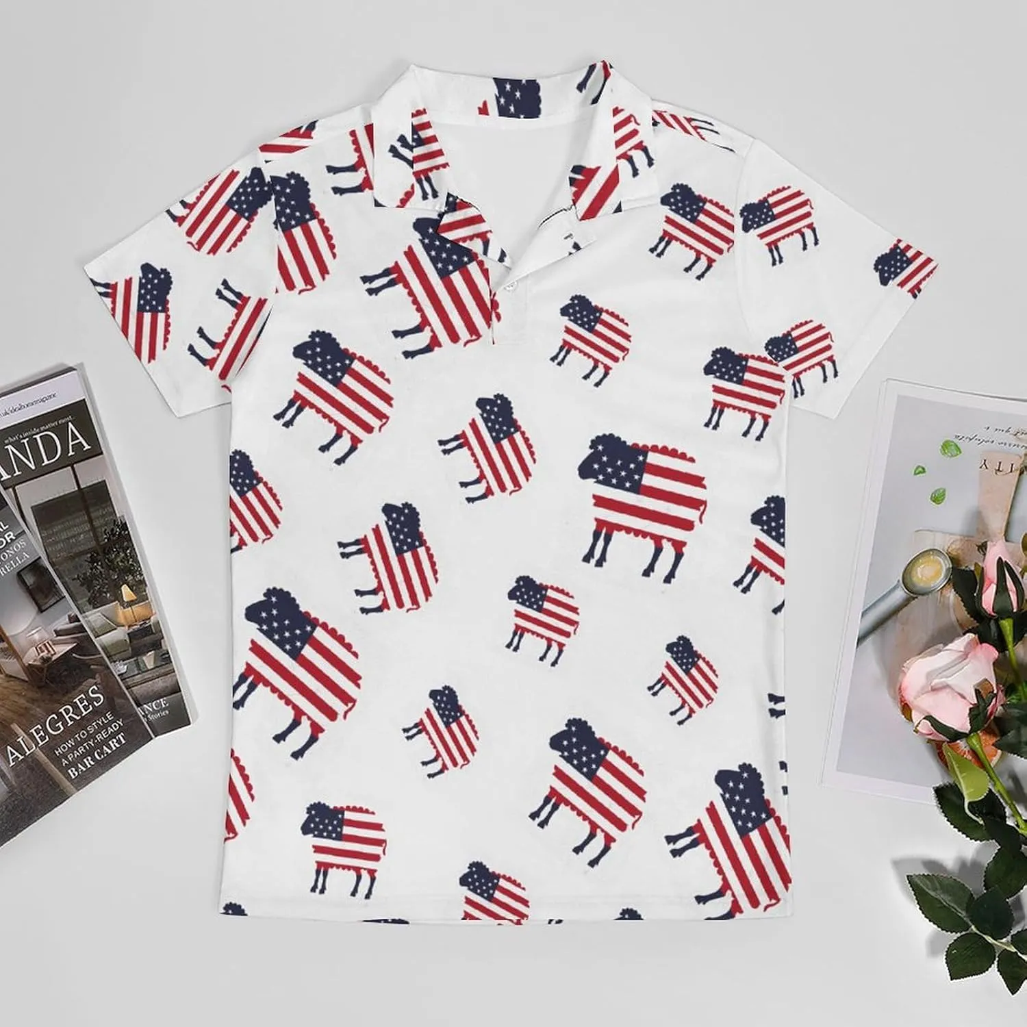 Sheep in American Flag USA Men's Polo Shirt Short Sleeve Print T Shirt Slim Fit Golf Shirt Collared Tee Casual Top