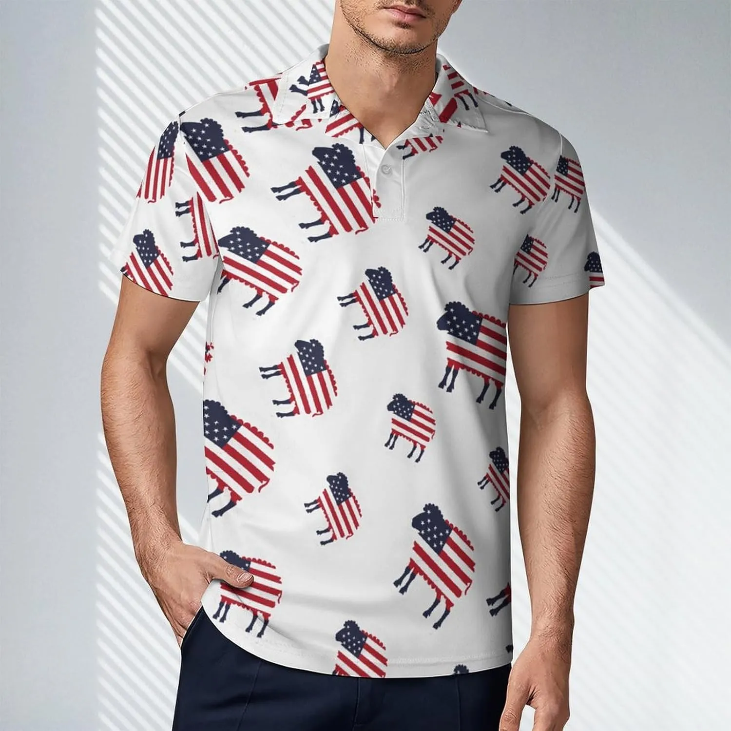 Sheep in American Flag USA Men's Polo Shirt Short Sleeve Print T Shirt Slim Fit Golf Shirt Collared Tee Casual Top