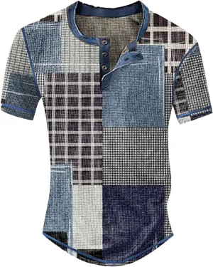 Shirts Men Short Sleeved Casual Top Striped Plaid Retro Western Denim Print Button Men's T Shirt Top Mens Golf Black