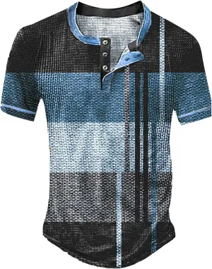 Shirts Men Short Sleeved Casual Top Striped Plaid Retro Western Denim Print Button Men's T Shirt Top Mens Golf Black