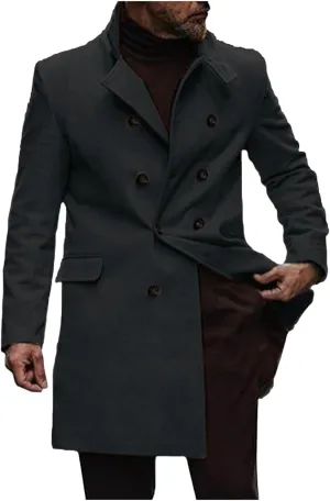 Sinzelimin Men Trench Coat Fashion Solid Color Double-Breasted Notched Stand Collar Long Sleeves Overcoat Outwear & Jackets